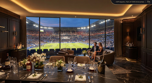 Ultra-luxurious private executive hospitality suite overlooking a premier international football stadium at twilight. Polished dark wood paneling, warm ambient golden cove lighting, a long marble dining table impeccably dressed with crystal glassware and fine vintage wine decanters. Floor-to-ceiling glass windows show illuminated stadium stands and pristine pitch under floodlights in an atmosphere of discreet sovereign luxury.