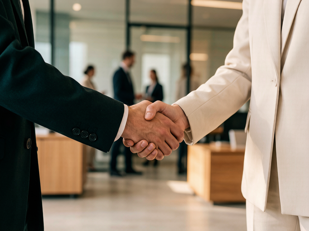 Executive handshake in a high-end corporate glass boardroom setting with athletic leadership and bespoke suiting