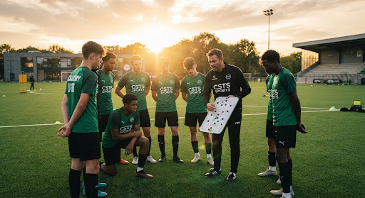 High performance youth football training academy on a manicured European pitch at golden hour, focused youth players in professional emerald and black training kits listening to a senior coach with tactics board, cinematic low sun flare.