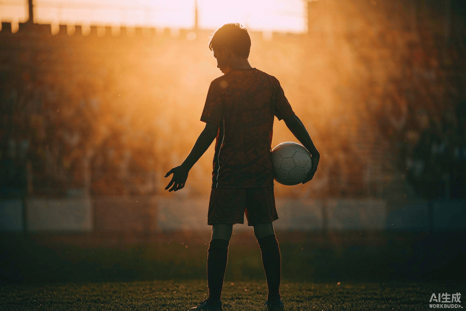Youth football squad training on grass field with cones during late afternoon sunlight