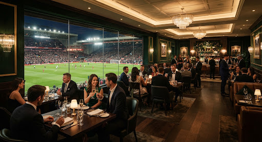 Prestigious private executive lounge viewing the pitch at an iconic football stadium in evening light, deep forest-green interior styling with subtle warm gold accents, patrons dining in tailored formal wear with ambient chandeliers.