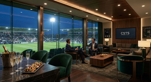 Intimate view inside an ultra-luxury private stadium suite at dusk. Floor-to-ceiling glass reveals pristine sports pitch under floodlights. Polished walnut wood surfaces, discreet bronze architectural accents, chilled crystal flutes of champagne, and soft warm interior lighting in deep emerald green tones, conveying exclusive high-level corporate hosting and sports advisory prestige.