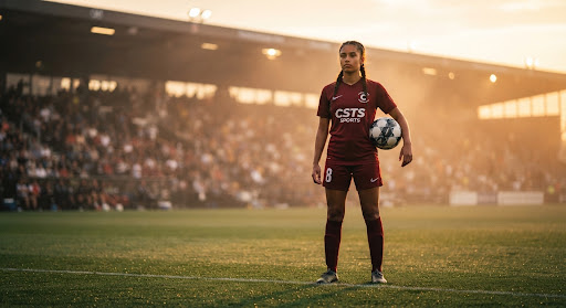 A young athletic soccer player in a dark red kit holding a football in golden hour light, standing on a grass pitch facing a grandstand with warm backlit atmospheric haze, conveying discipline, youth athletic protection, and sovereign editorial majesty.