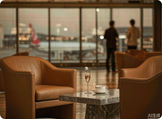Executive transit lounge with leather armchairs and champagne flute looking onto an airport apron
